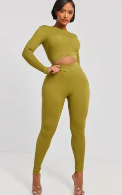 PRETTYLITTLETHING Shape Olive Open Back Long Sleeve Gym Crop Top