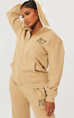 PRETTYLITTLETHING Shape Oatmeal Embroidered Zip Through Hoodie