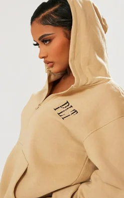 PRETTYLITTLETHING Shape Oatmeal Embroidered Zip Through Hoodie