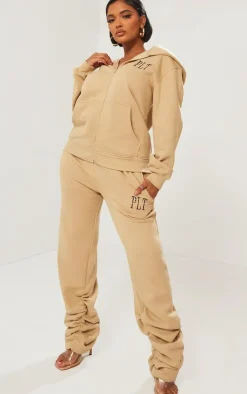 PRETTYLITTLETHING Shape Oatmeal Embroidered Ruched Leg Sweatpants