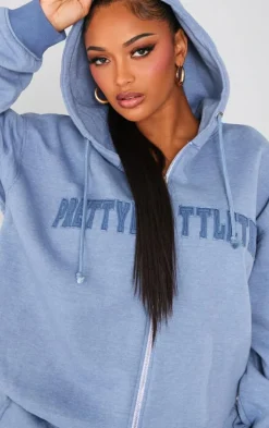 PRETTYLITTLETHING Shape Petrol Blue Embroidery Washed Zip Through Hoodie