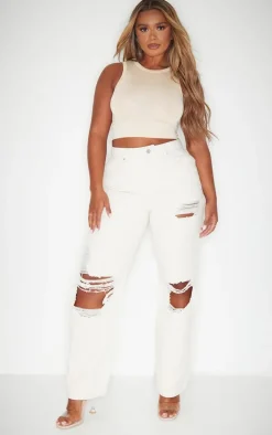 PRETTYLITTLETHING Shape Stone Extreme Rip Wide Leg Jeans
