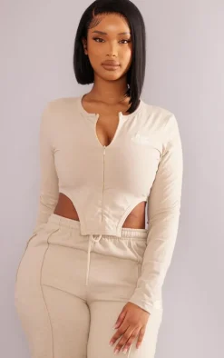 PRETTYLITTLETHING Shape Stone Cotton Zip Cropped Top