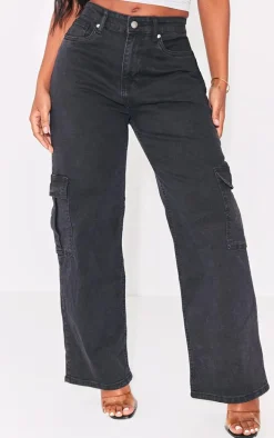 PRETTYLITTLETHING Shape Washed Black Cargo Wide Leg Jeans