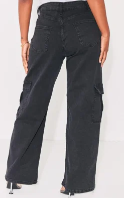 PRETTYLITTLETHING Shape Washed Black Cargo Wide Leg Jeans