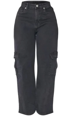 PRETTYLITTLETHING Shape Washed Black Cargo Wide Leg Jeans