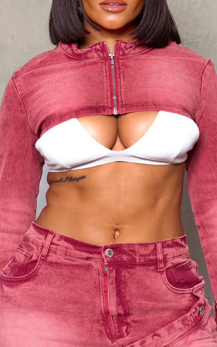 PRETTYLITTLETHING Shape Washed Red Badge Denim Cropped Jacket