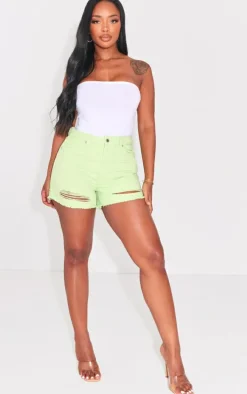 PRETTYLITTLETHING Shape Washed Green Ripped Denim Shorts