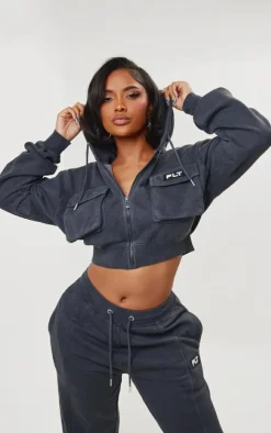 PRETTYLITTLETHING Shape Washed Charcoal Cargo Cropped Hoodie