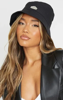PRETTYLITTLETHING Silver Detail Black Bucket Hat