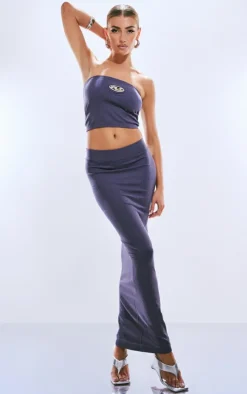 PRETTYLITTLETHING Steel Blue Washed Wide Snatched Rib Low Rise Midaxi Skirt