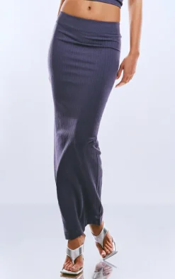 PRETTYLITTLETHING Steel Blue Washed Wide Snatched Rib Low Rise Midaxi Skirt