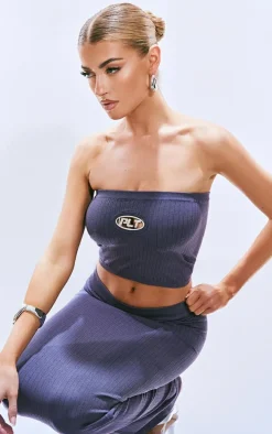 PRETTYLITTLETHING Steel Blue Washed Wide Snatched Rib Low Rise Midaxi Skirt