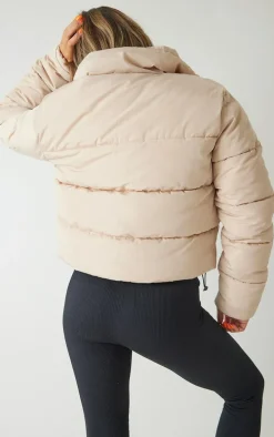PRETTYLITTLETHING Stone Text Front Funnel Neck Cropped Puffer Jacket