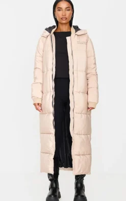 PRETTYLITTLETHING Stone Text Front Maxi Puffer Coat