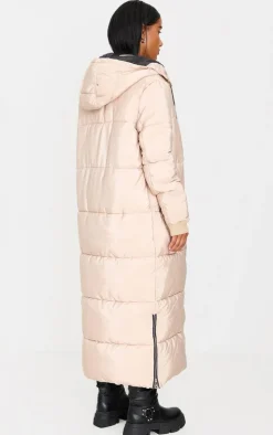 PRETTYLITTLETHING Stone Text Front Maxi Puffer Coat