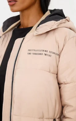 PRETTYLITTLETHING Stone Text Front Maxi Puffer Coat