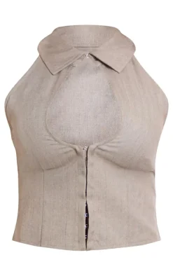PRETTYLITTLETHING Stone Tailored Cut Out Hook And Eye Collared Top