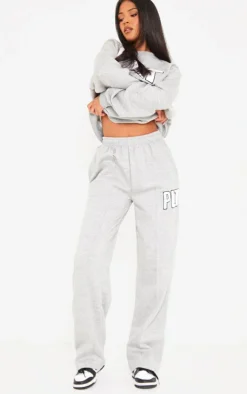 PRETTYLITTLETHING Tall Ash Grey Borg Applique Wide Leg Sweatpants