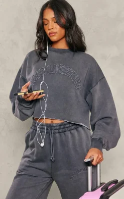 PRETTYLITTLETHING Tall Charcoal Blue Distressed Varsity Cropped Sweatshirt