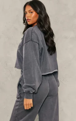 PRETTYLITTLETHING Tall Charcoal Blue Distressed Varsity Cropped Sweatshirt
