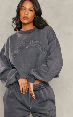 PRETTYLITTLETHING Tall Charcoal Blue Distressed Varsity Cropped Sweatshirt