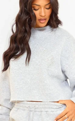 PRETTYLITTLETHING Tall Grey Marl Distressed Varsity Cropped Sweatshirt