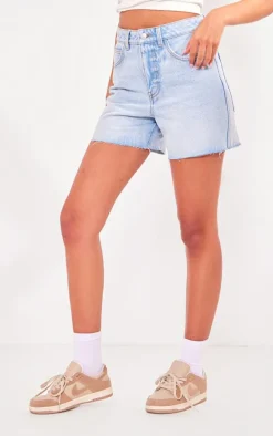 PRETTYLITTLETHING Tall Light Blue Wash Raw Hem Boyfriend Denim Shorts