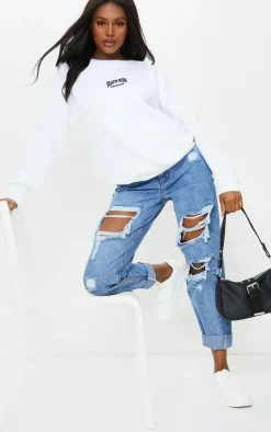 PRETTYLITTLETHING Tall Mid Blue Ripped Mid Rise Mom Jeans