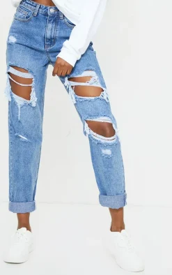 PRETTYLITTLETHING Tall Mid Blue Ripped Mid Rise Mom Jeans
