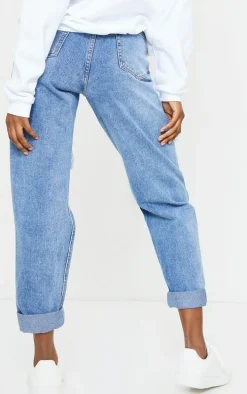 PRETTYLITTLETHING Tall Mid Blue Ripped Mid Rise Mom Jeans