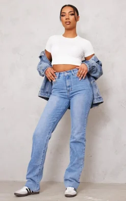PRETTYLITTLETHING Tall Mid Blue Wash High Waist Long Leg Straight Jeans