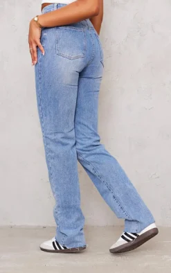 PRETTYLITTLETHING Tall Mid Blue Wash High Waist Long Leg Straight Jeans
