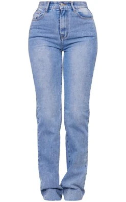 PRETTYLITTLETHING Tall Mid Blue Wash High Waist Long Leg Straight Jeans