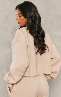 PRETTYLITTLETHING Tall Stone Distressed Varsity Cropped Sweatshirt