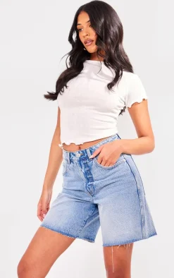 PRETTYLITTLETHING Tall Vintage Mid Wash Raw Hem Longline Loose Denim Shorts
