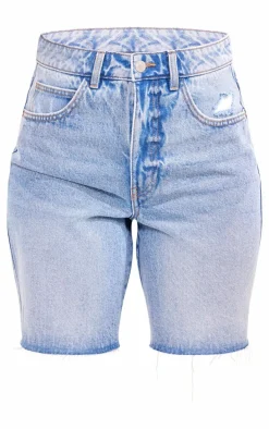 PRETTYLITTLETHING Tall Vintage Mid Wash Raw Hem Longline Loose Denim Shorts