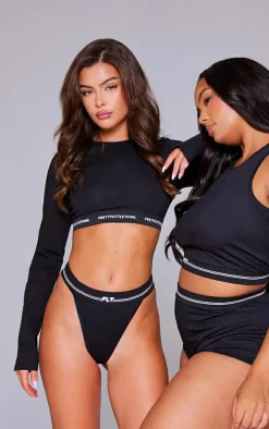 PRETTYLITTLETHING Tape Black Long Sleeve PJ Top