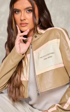 PRETTYLITTLETHING Taupe Girl Gang Racer Jacket