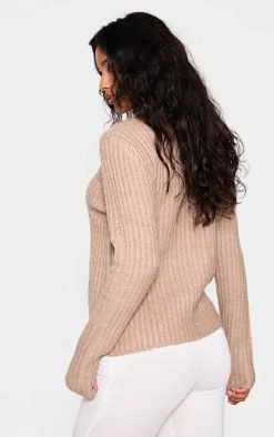 PRETTYLITTLETHING Taupe Rib Knit Collar Detail Zip Up Cardigan