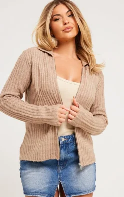 PRETTYLITTLETHING Taupe Rib Knit Collar Detail Zip Up Cardigan