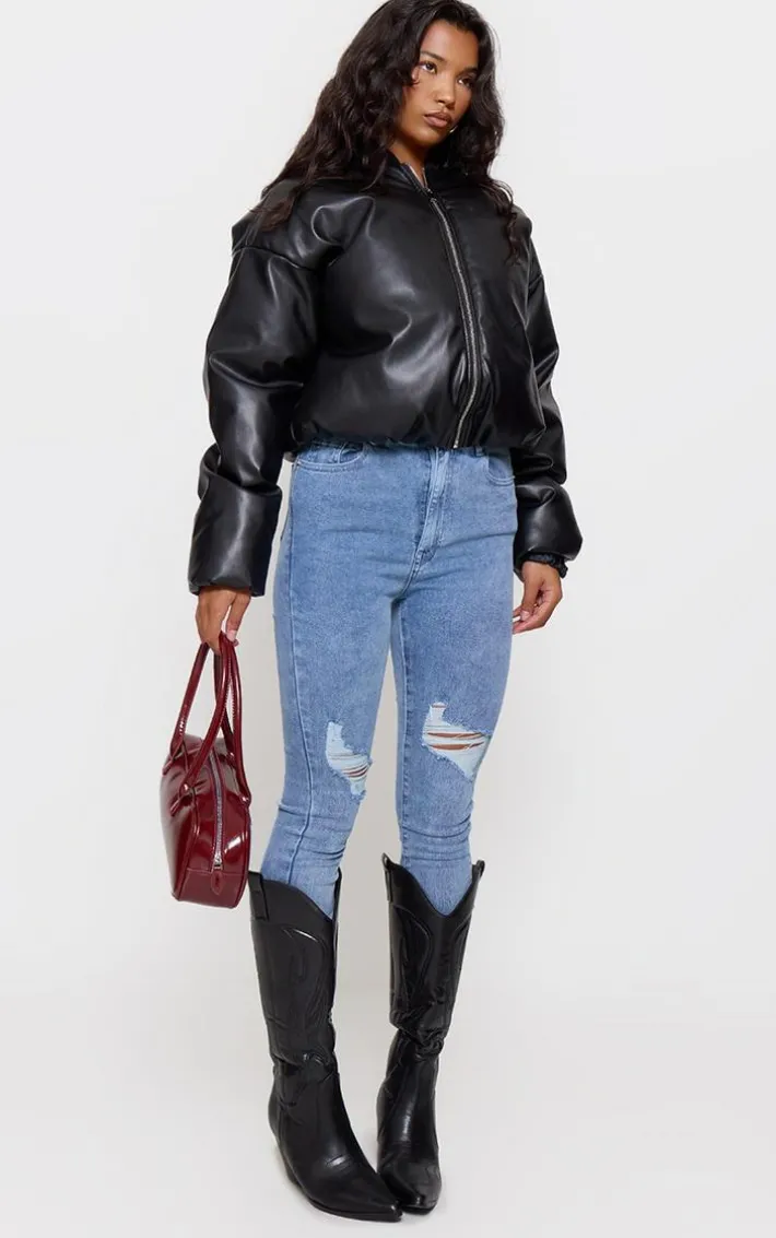 PRETTYLITTLETHING Vintage Wash Knee Rip 5 Pocket Skinny Jeans