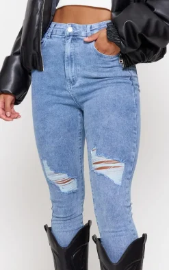 PRETTYLITTLETHING Vintage Wash Knee Rip 5 Pocket Skinny Jeans