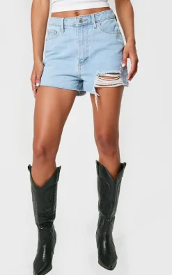 PRETTYLITTLETHING Vintage Wash Ripped Denim Mom Shorts