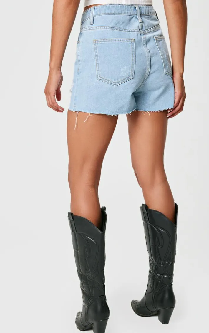 PRETTYLITTLETHING Vintage Wash Ripped Denim Mom Shorts