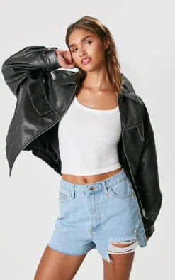 PRETTYLITTLETHING Vintage Wash Ripped Denim Mom Shorts