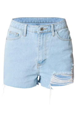PRETTYLITTLETHING Vintage Wash Ripped Denim Mom Shorts