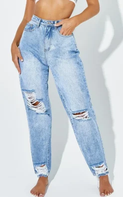 PRETTYLITTLETHING Vintage Wash Extreme Ripped Hem Knee Rip Mom Jeans