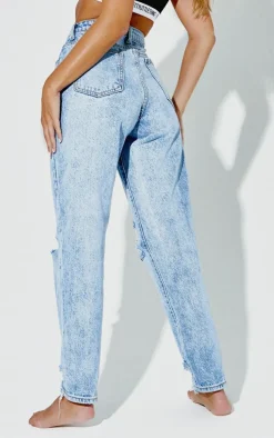 PRETTYLITTLETHING Vintage Wash Extreme Ripped Hem Knee Rip Mom Jeans