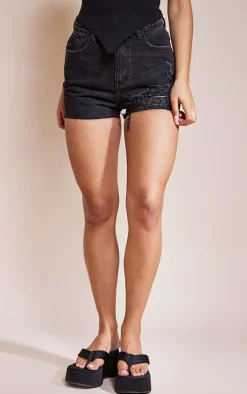 PRETTYLITTLETHING Washed Black Ripped Denim Mom Shorts